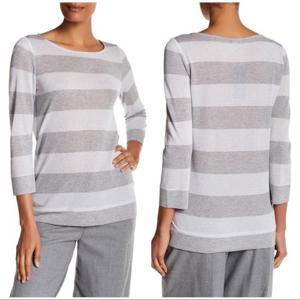 NWT Lafayette 148 Metallic Striped Knit Shirt XL silver gray